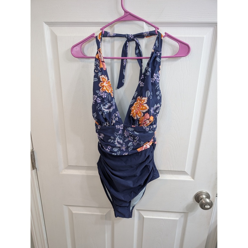 Cupshe‎ One Piece Swimsuit Navy Blue Floral Ruched Halter V-Neck NWT - Size S